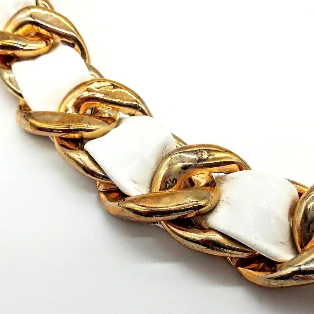 Vintage Tasha Gold Finish Chain Link White Faux Leather Braided Belt